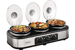Sunvivi Slow Cooker, Triple Slow Cooker Buffet Server and Food Warmer, 3-Section 1.5-Quart Upgraded Oval Ceramic Pot with Stainless Steel Lid Rests, 3 Spoons, Total 4.5 QT