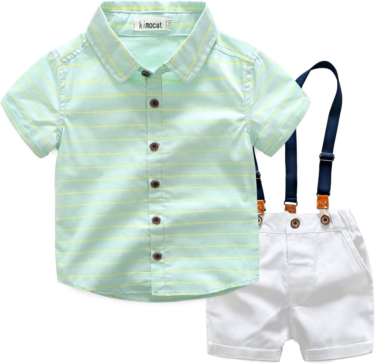 Baby Boys Green Short Sleeve Shirt+Suspender Pants Gentlemen Outfit Suit