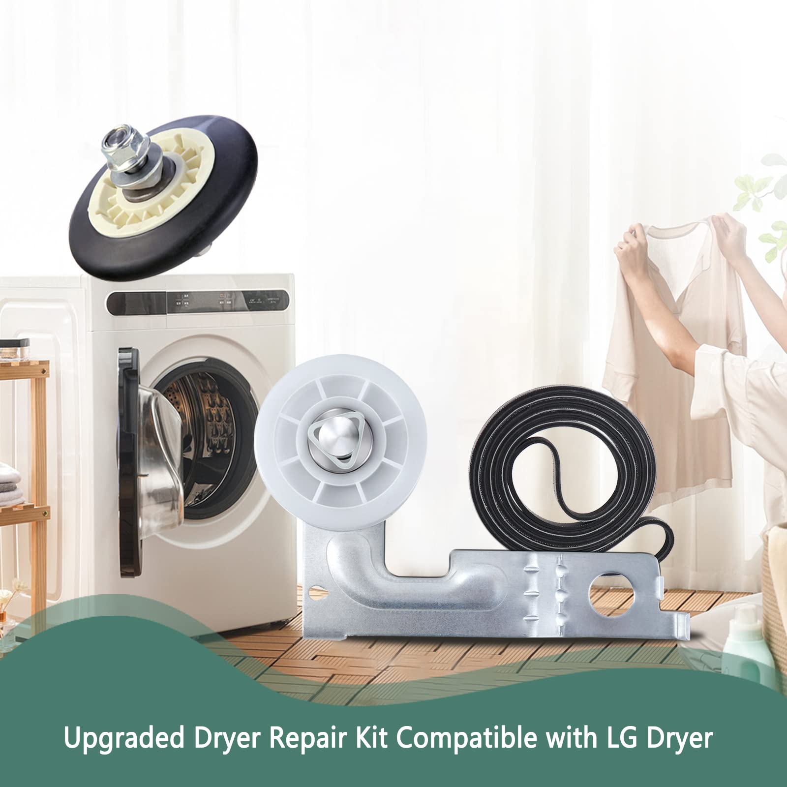 Upgraded Dryer Repair Kit Compatible with LG Kenmore Dryers Includes 4581EL2002C Dryer Drum Roller 4400EL2001A Dryer Belt 4561EL3002A Idler Pulley and Spring，Figures 6 and 7 are Fit Models