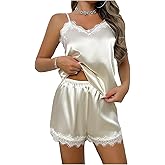 Milumia Women's Lace Satin Pajama Sets 2 Pcs V Neck Cami Top Shorts Pj Sets Sleepwear