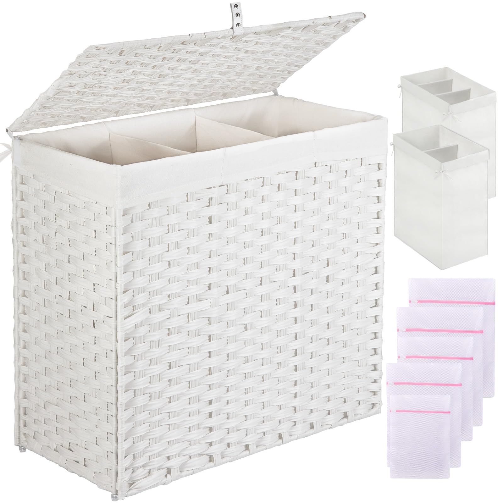 Greenstell Laundry Hamper with Lid, 125L Large Clothes Hamper with 3 Section & 2 Section Removable Liner Bags & 5 Mesh Laundry Bags, Handwoven Synthetic Rattan Divided Laundry Basket, White Image