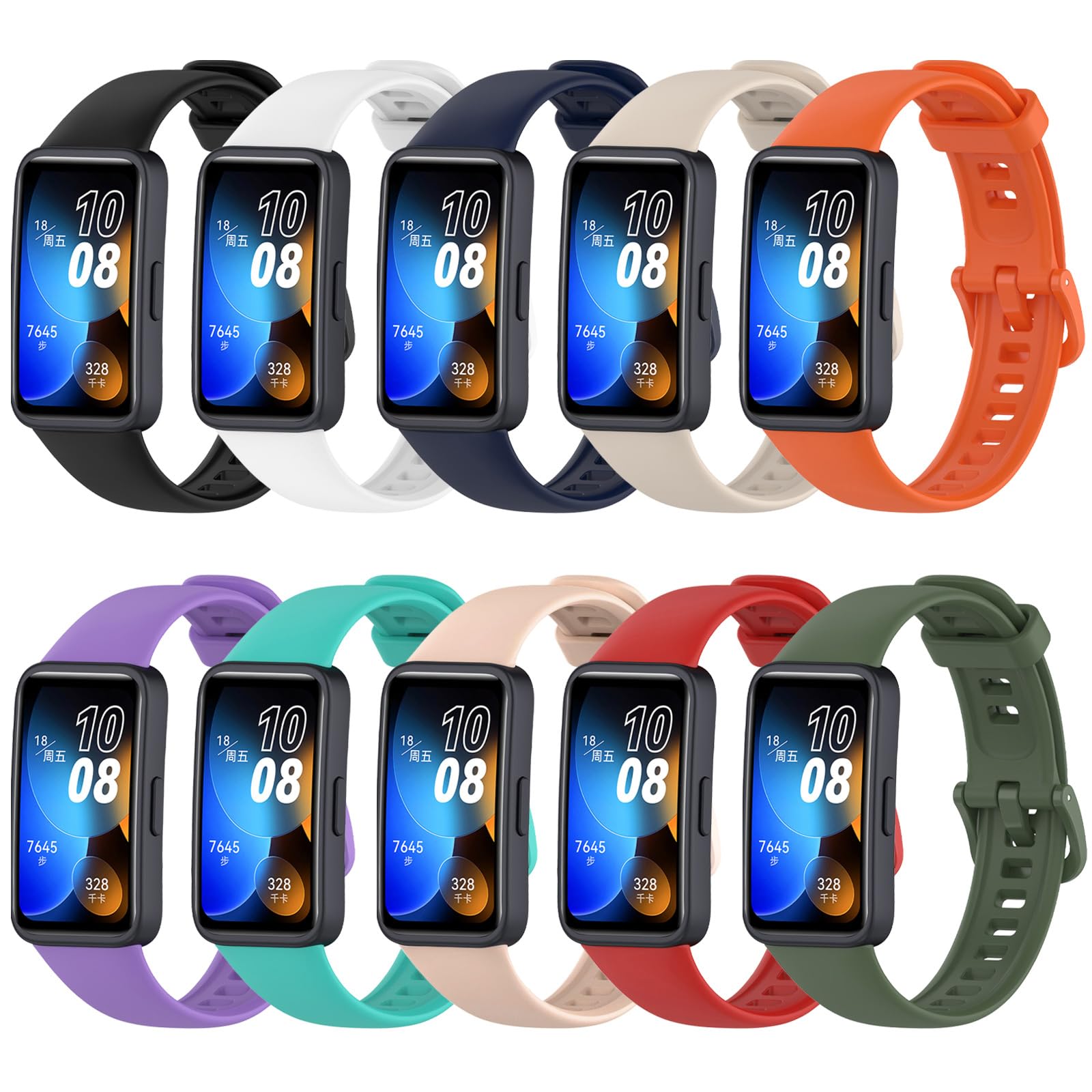 SenMore 10-Piece Straps for Huawei Band 8/9, Soft Silicone, Breathable, Waterproof, Modern Replacement Wristbands