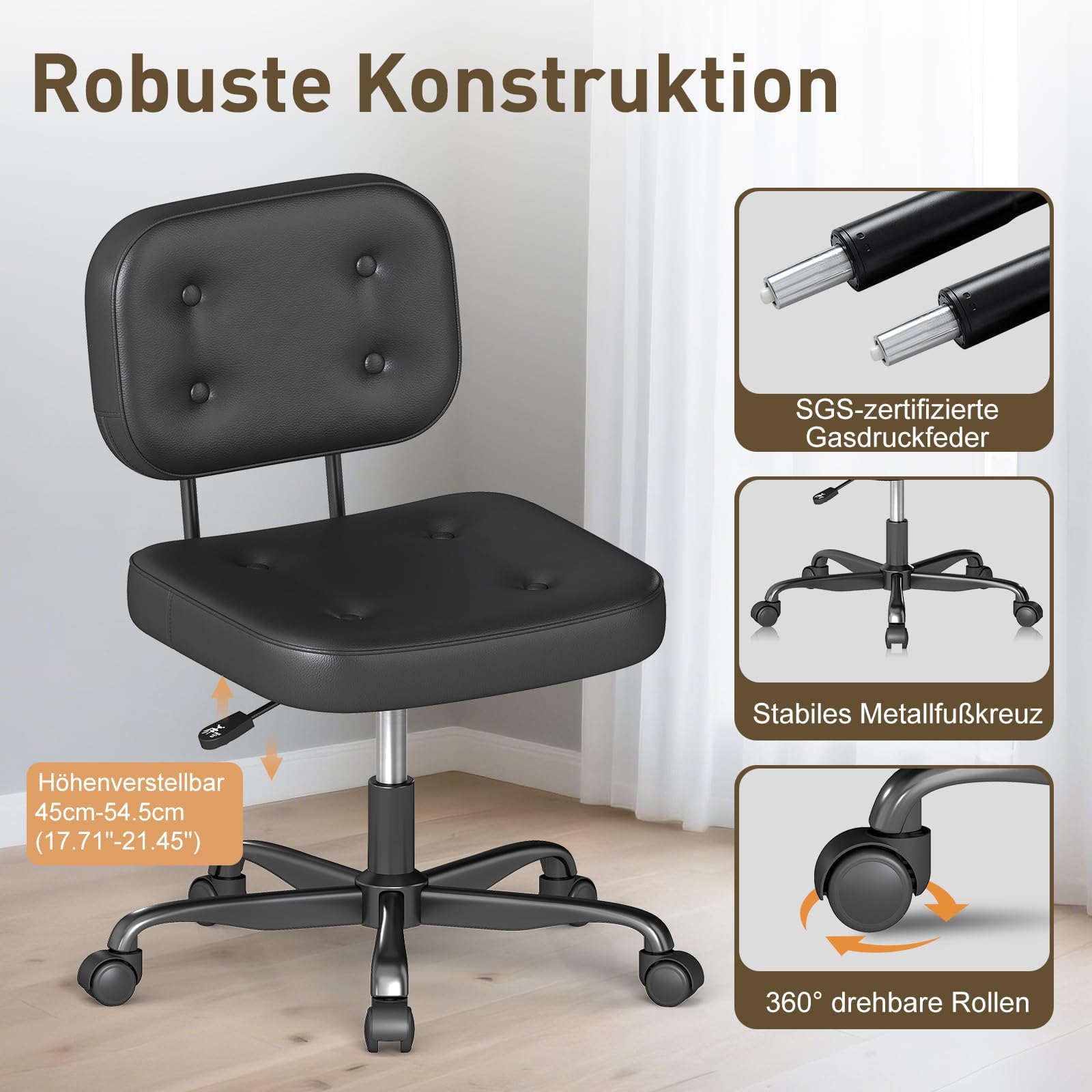 AnyGod Schreibtischstuhl ohne Armlehne für Home Office, Kompakter Drehstuhl mit Rollen & Höhenverstellbar, Ergonomischer Computerstuhl für kleine Räume, Arbeitszimmer & Schminktisch, PU-Leder Schwarz 6