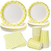 PCLMLES 96Pcs Yellow and White Gingham Plates and Napkins and Cups Plaid Paper Plates for 24 Guest Picnic Wedding Baby Shower Tea Kids Birthday Party Supplies Decrations