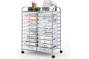 SILKYDRY 20-Drawer Rolling Storage Cart, Art Cart Organizer on Wheels, Metal Frame and Removable Drawers, Multipurpose Mobile Utility Cart for Classroom, Office, School, Home (Clear)