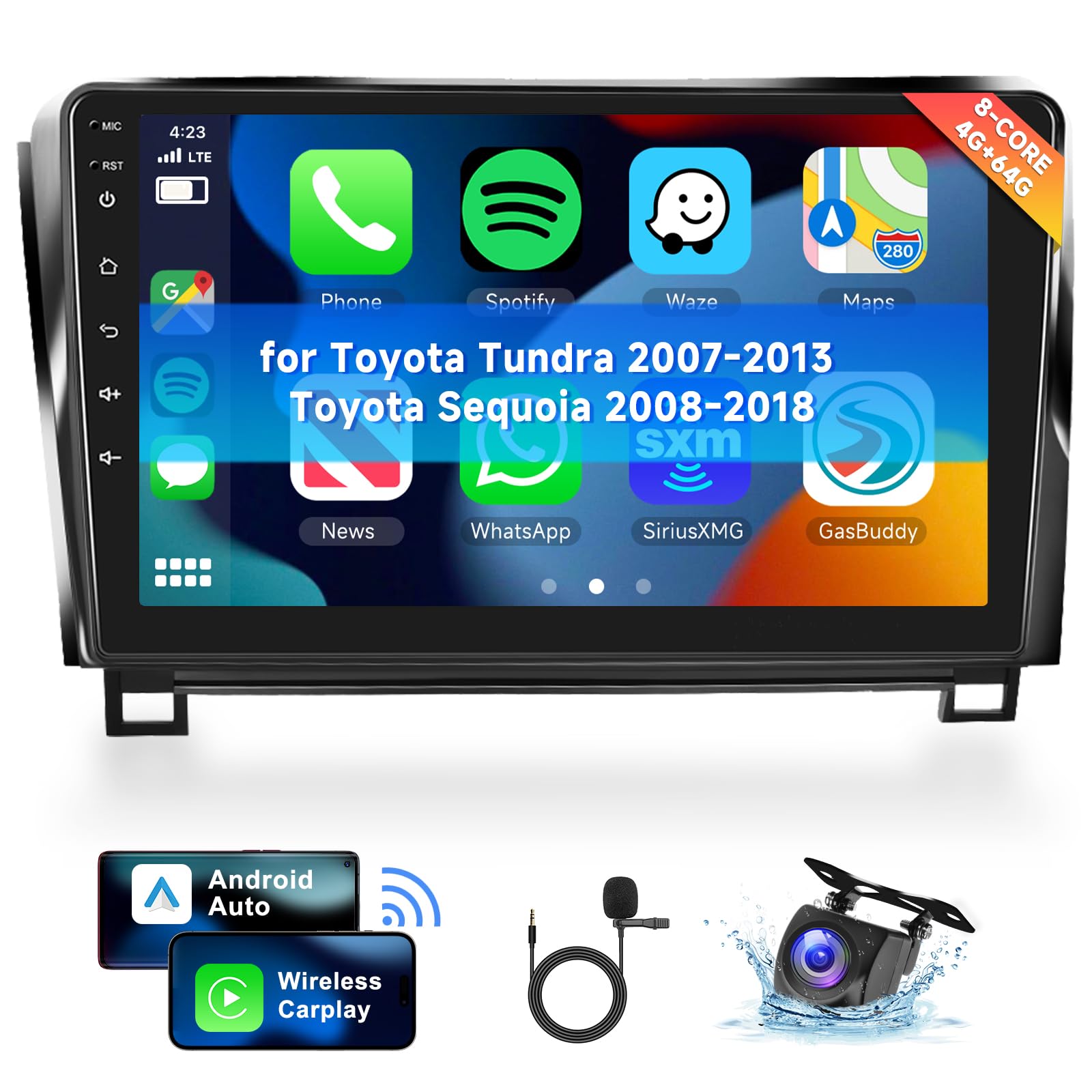 Photo 1 of [8 CORE 4G+64G] Upgraded Android 13 for Toyota Tundra 2007-2013 Toyota Sequoia 2008-2018 Car Radio with Wireless Carplay, 10.1 Inch Touch Screen with Bluetooth, GPS, WiFi, DSP+ Backup Camera
