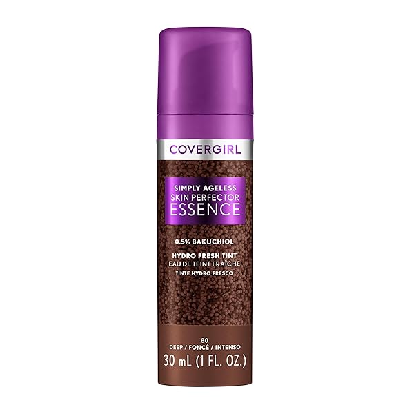 COVERGIRL SIMPLY AGELESS SKIN PERFECTOR ESSENCE FOUNDATION, 80 DEEP, TINTED SKIN PERFECTOR, SKINCARE MAKEUP HYBRID, SHEER TINT, RADIANT FINISH, SKIN-LIKE FINISH, VEGAN FORMULA, 1.0OZ