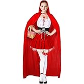 4 Pcs Women's Riding Hood Costume Halloween Party Dress with Red Hooded Cloak White High Socks Picnic Basket