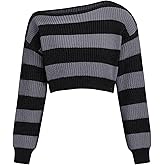 SOLY HUX Women's Y2K Striped Cropped Sweater Off Shoulder Knitwear Long Sleeve Pullover Tops