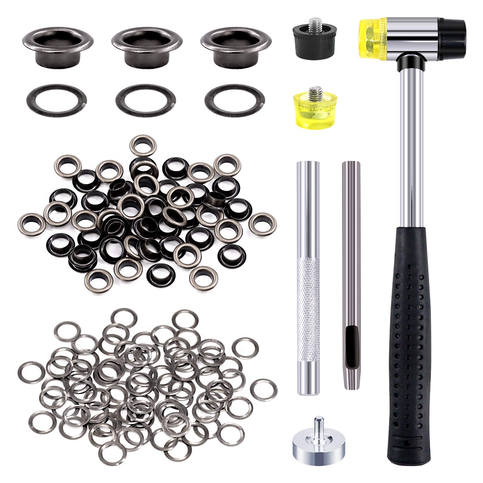 Rustark 200 Sets 1/4 Inch Black Grommet Assortment Kit with 4 Pcs Setting Install Tool, 6mm Metal Eyelets Set in Storage Box for Clothes Shoes Bag Paper Leather Crafts DIY Projects (Black)