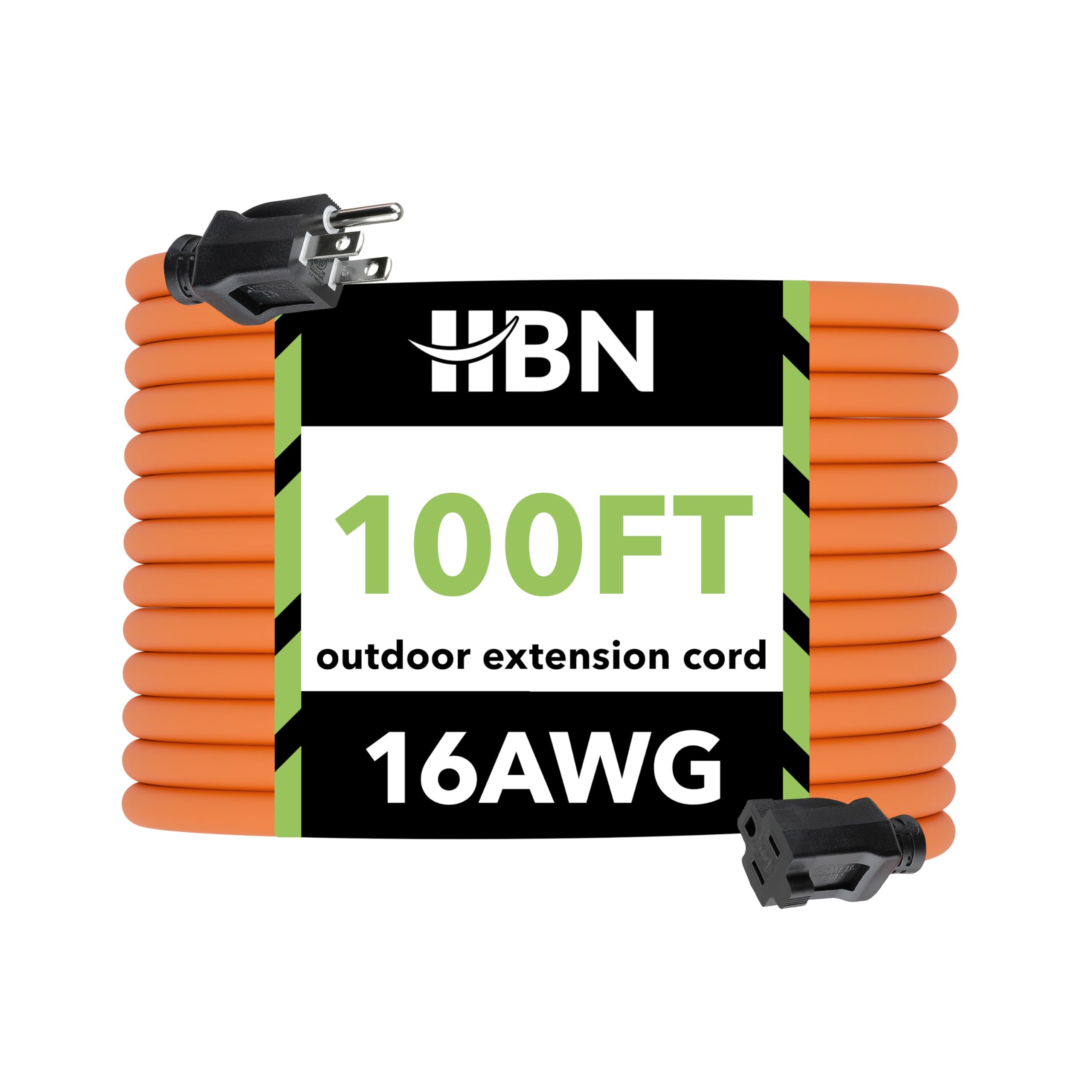 HBN 100-Foot Heavy-Duty Outdoor Extension Cord – 16/3 SJTW Orange, Weatherproof & Flame-Resistant with 3-Prong Grounded Plug Image