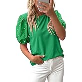 Chvity Puff Sleeve Tops for Women Summer Ribbed Knit Pearl Cute Tops Loose Fit Short Sleeve Crewneck Business Casual Outfits