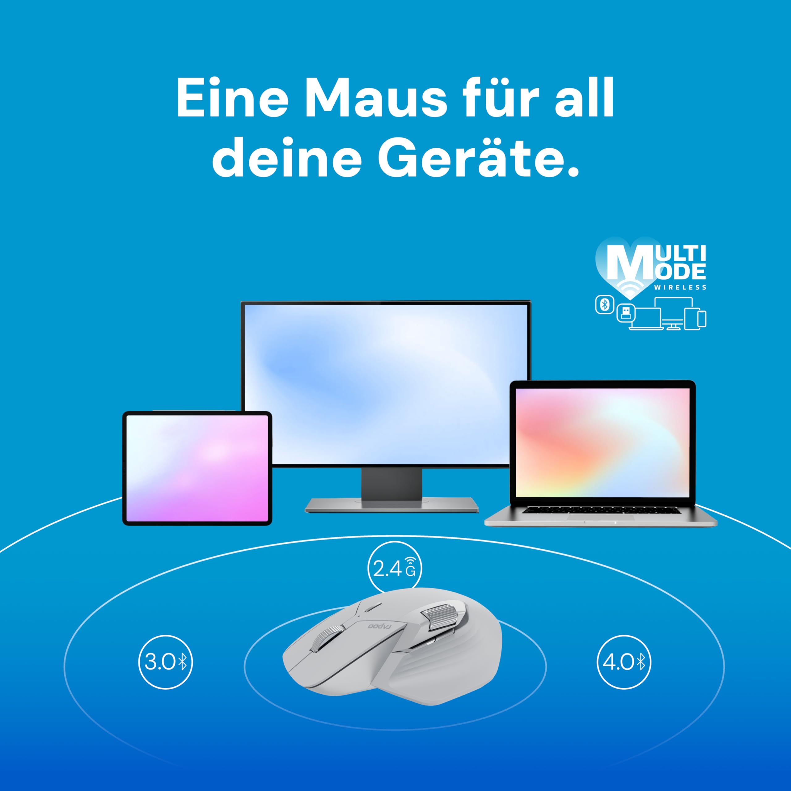 Rapoo MT760L wireless Mouse silent - USB Wireless 2.4G und Bluetooth Maus kabellos, bis 4000 DPI, leiser klick, Multi Device, Daumenscrollrad, Akku, für PC, Mac, grau-schwarz 3
