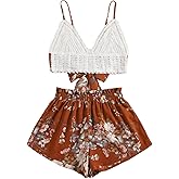 Verdusa Women's 2 Piece Boho Colorblock Outfits Crochet Tie Back Crop Camisole with Floral Shorts Set