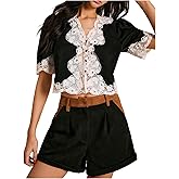 MakeMeChic Women's Vintage Lace V Neck Blouse Button Down Shirt Short Sleeve Crop Tops
