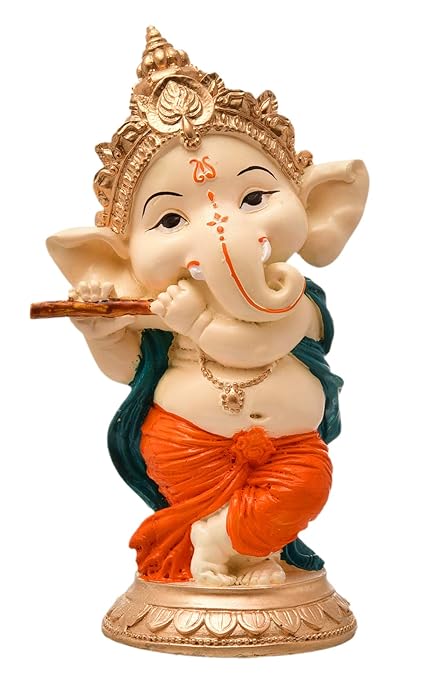 Karigaari India Handcrafted Resine Playing Flute Ganesha Idol Sculpture | Showpiece for Home Decor and Office