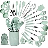 QMVESS Silicone Cooking Utensils Set, 28 Pcs Non-Stick Kitchen Utensils Set with Holder, 446°F Heat Resistant Spatula, Tongs, Spoons Set with Stainless Steel Handle Kitchen Gadgets (Light Green)
