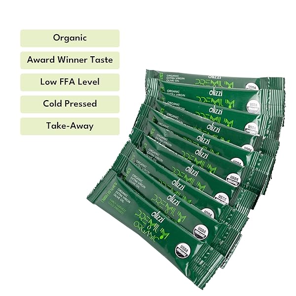 OLIVE OIL PACKETS – OLIZZI PREMIUM ORGANIC EXTRA VIRGIN, NEW HARVEST, AWARD WINNING, EARLY HARVEST, COLD PRESSED, USDA ORGANIC CERTIFIED, SINGLE SERVE, MINI, SALAD DRESSING TO GO, INDIVIDUAL, TRAVEL SIZE, 10 SINGLE USE PACKS (0.34 FL OZ / UNIT)