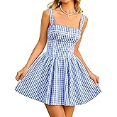 KUTUMAI Summer Gingham Mini Dress Corset Square Neck Lace Up Casual Sundress Flowy A Line Short Dresses for Women 2025
