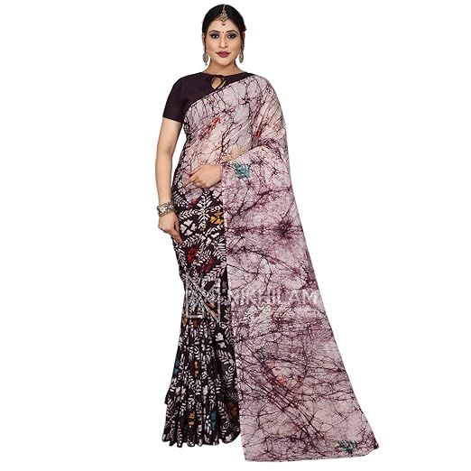 Nikhilam Cotton Hand Block Wax Batik Saree for Womens with Blouse Piece