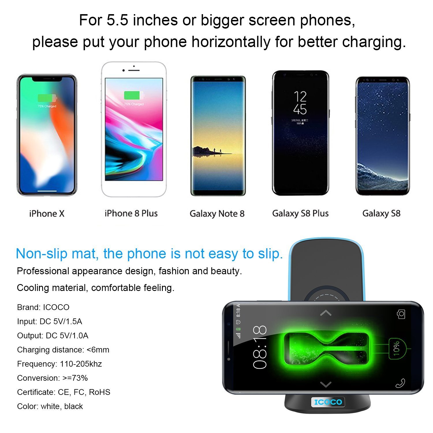 Caricatore Wireless, MIGVELA Caricabatterie Wireless con LED Indicatore per iPhone 8/8Plus/X, Samsung S8/S8 Plus, Note 8, S7 Edge, S6/S6 Edge, Lumia 950 (Nero)