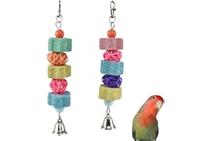 GUANLANT 2 Pack Parakeets Parrot Chewing Toy, Bird Beak Grinding Stone Lava Calcium Blocks, Hanging Bird Cage Nail Trimmer with Bell Rattan Balls for Small Parrots Cockatiel Budgies Lovebirds Rats Chinchilla