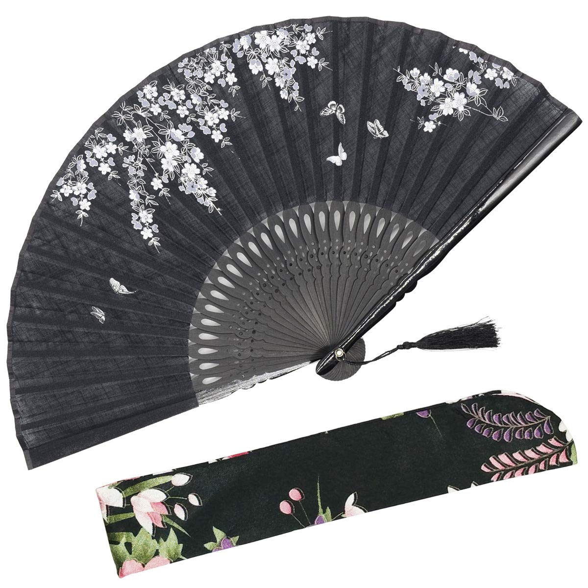 OMyTea "Sakura Love Folding Hand Held Fan for Women - With a Fabric Sleeve for Protection - Chinese/Japanese Vintage Retro Style for Wedding, Dancing, Church, Party, Gifts (Black)