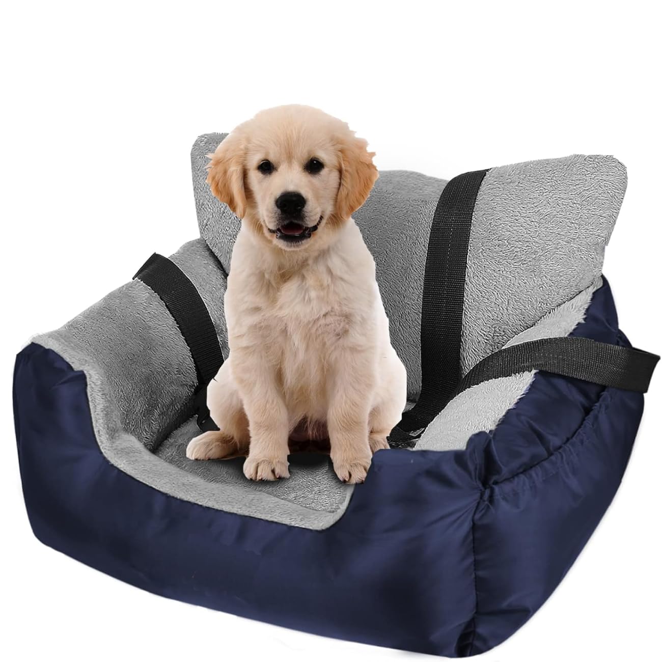 GoFirst Dog Car Seats for Small Dogs or Cats, Pet Booster Seat Travel Bed with Storage Pocket and Clip-On Safety Leash, Waterproof Warm Plush Dog Safety Seats,Navy Blue