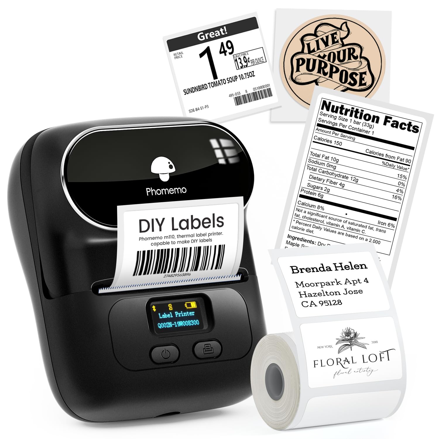 Phomemo Label Maker, Label Printer Thermal, M110 Bluetooth Sticker Printer, Print Width 0.78''-2'', Versatile App with 600+ Fonts & 700 Templates, for Small Business & Home, Ebony Black (+100 Labels)