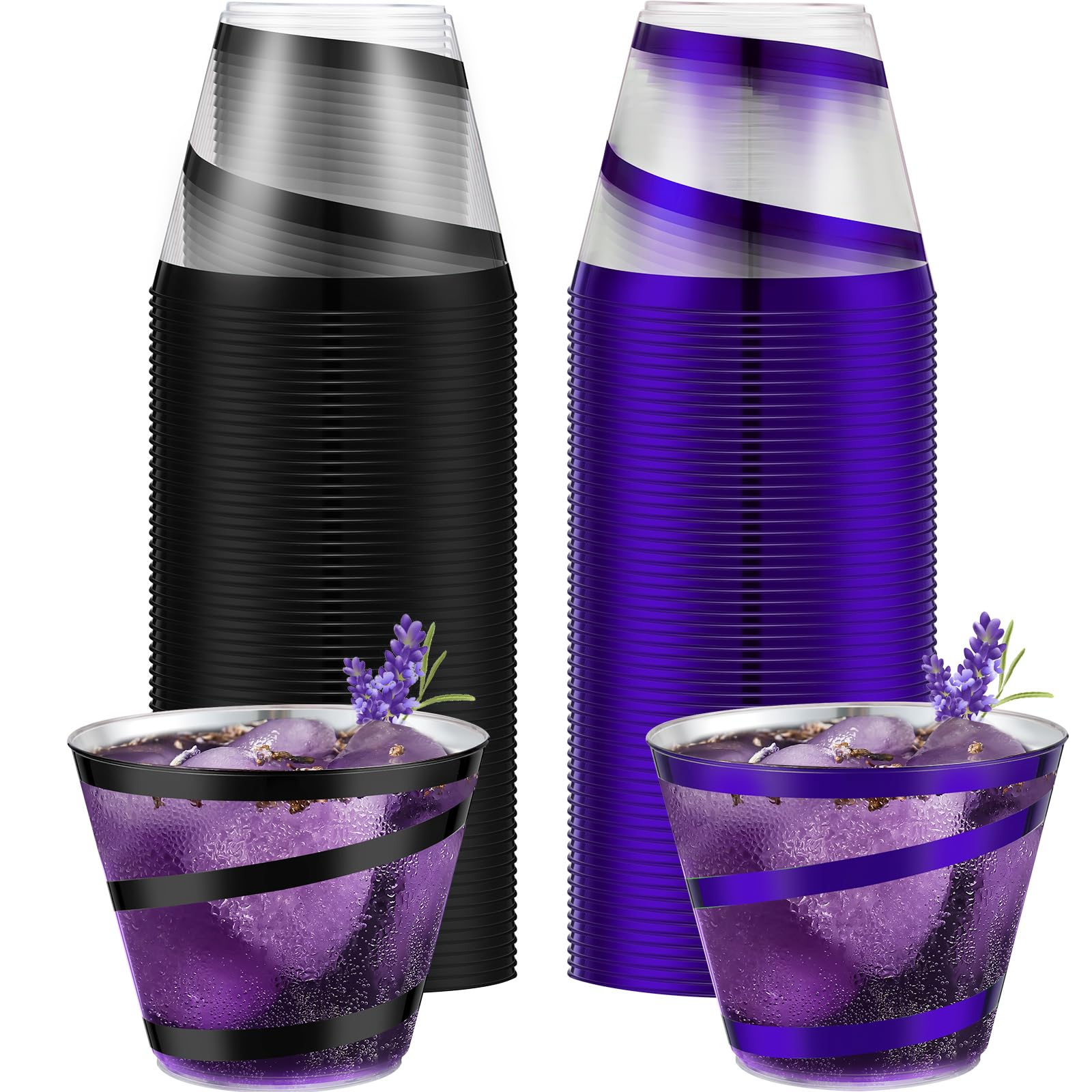 Photo 1 of Gejoy 9 oz Rimmed Swirl Plastic Cups Disposable Wine Drinking Cups Clear Elegant Wedding Tumblers for Engagement Single Party Supplies(Purple, Black)