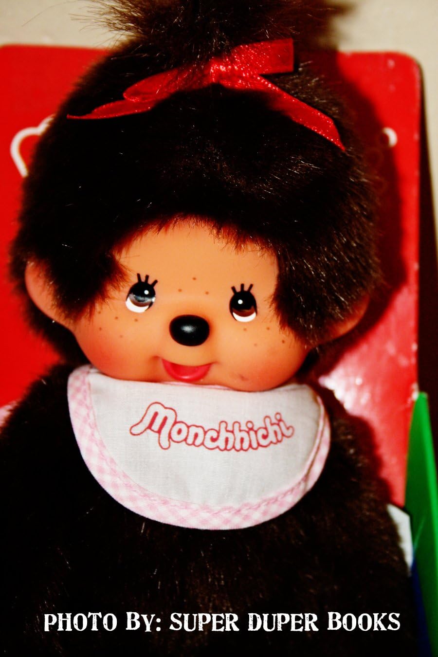 Monchhichi Brown Furry Baby with Bib and Red Bow in Hair