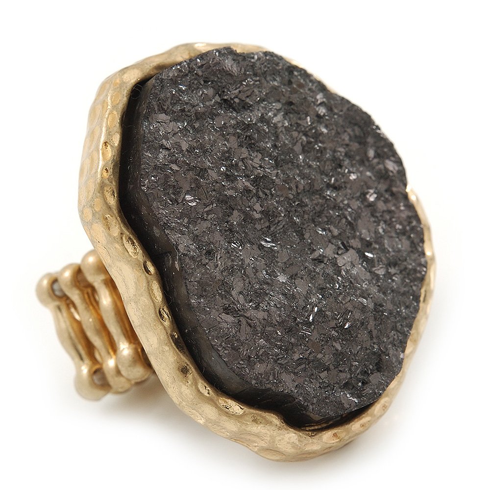 Avalaya Two Tone Off-Round, Textured Flex Ring (Gold Tone/Coal Colour Tone) - 37mm Across - Size 7/8