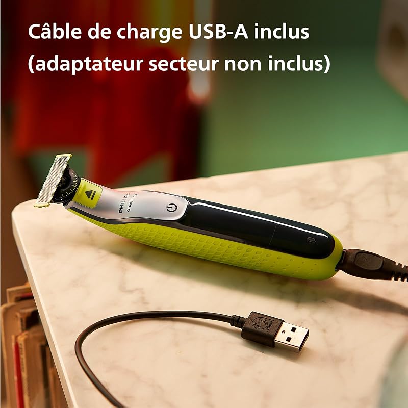 OneBlade 360 hybride Visage : rasoir/tondeuse à barbe électrique, avec innovation lames 360, 2 lames 360 pour le visage, 1 sabot réglable 5 en 1 (modèle QP2734/30)
