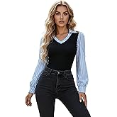 winkbay Women's Striped Long Sleeve Shirt Elegant Collared V Neck 2 in 1 Blouses Business Casual Tops