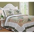 Cozy Line Home Fashions Floral Real Patchwork Olive Green Pink Scalloped Edge Country 100% Cotton Quilt Bedding Set, Reversible Coverlet Bedspread (Williamsburg, Queen - 3 Piece)