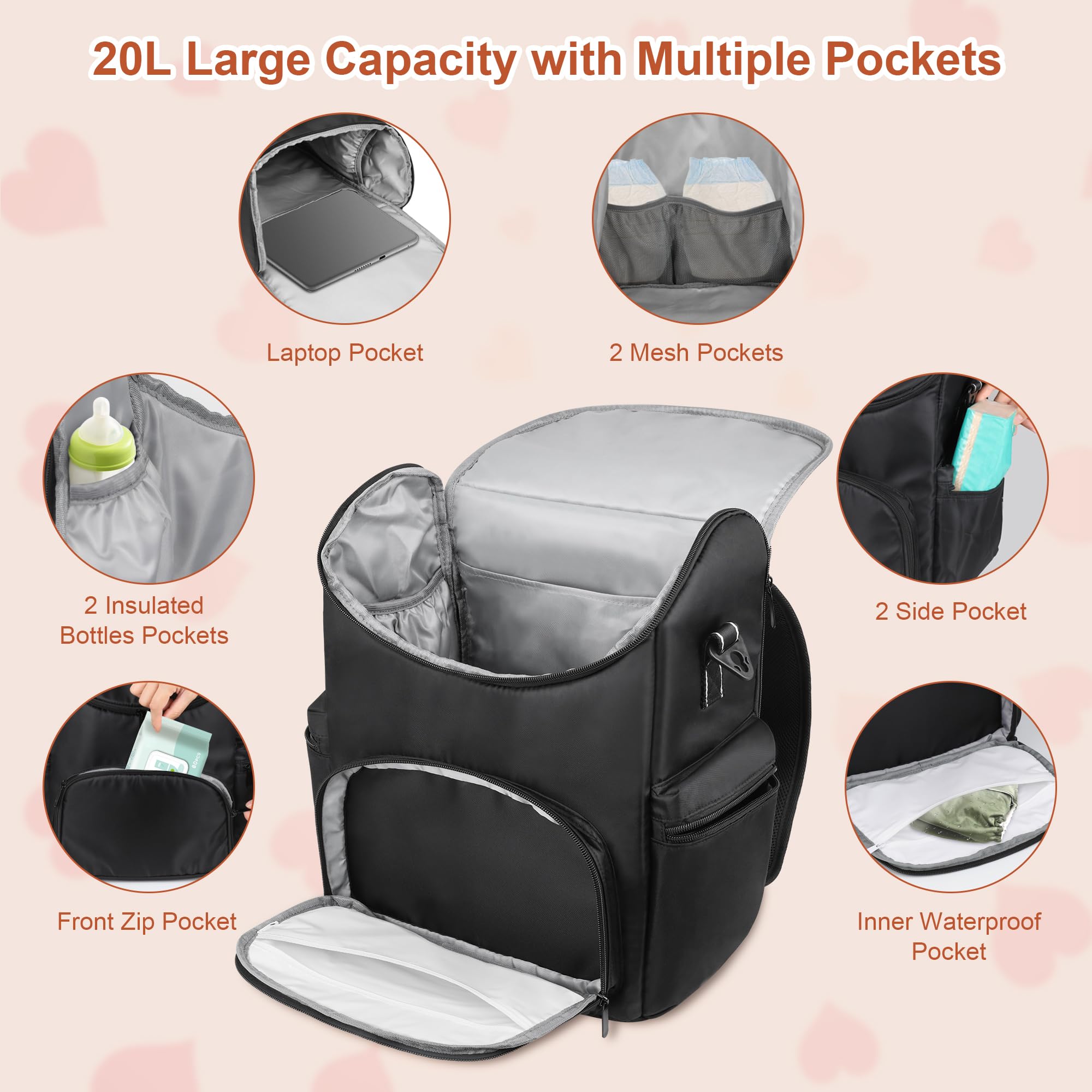 Baby Diaper Bag Backpack, Multifunction Waterproof Travel Diaper Bag with Stroller Straps, Large Capacity Diaper Bag Backpack for Boys Girls - Baby Registry Search Shower Gifts - Black