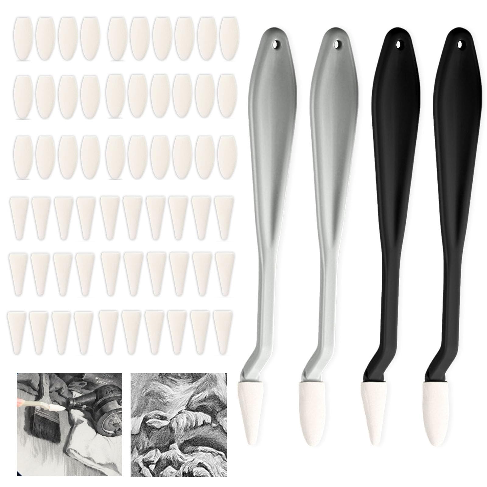 4pcs Sketch Drawing Tools, Blending Stumps with 60PCS Sponge Heads, Art Blenders, Sketch Trimmer Erase Sponge Wiper Pencils for Students, Artists, Detail Painting(Gray, Black)