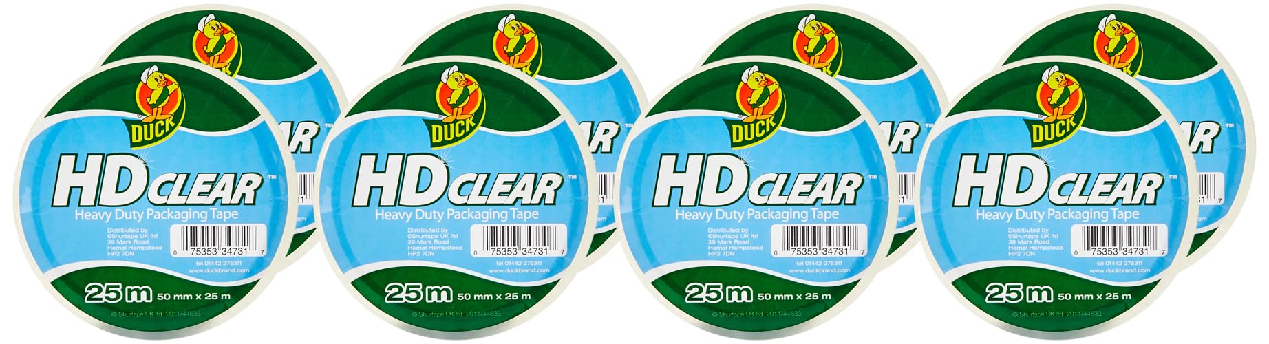 Duck Heavy Duty Clear Packaging Tape | 8 Rolls 50 mm x 25 m, Strong for Moving House & Parcels