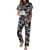 Ekouaer Pajama Sets Womens Short Sleeve Sleepwear Long Pants Pjs 2 Piece Lounge Set Soft Nightwear S-XXL