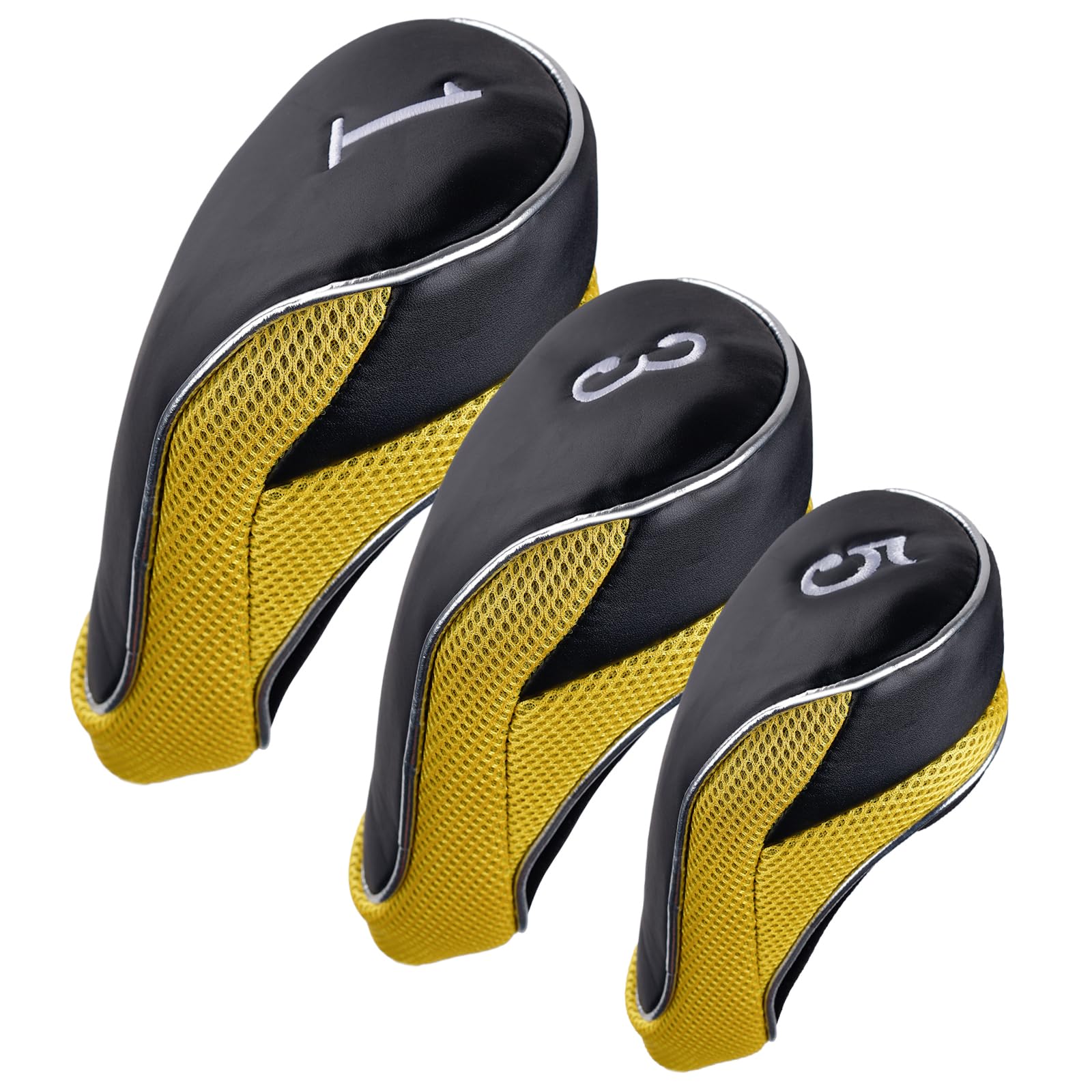 Andux Golf Club 460cc Driver Fairway Wood Head Covers with Hook & Loop Set of 3 (Black/Yellow)