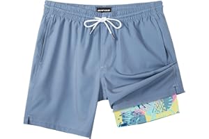 SURF CUZ Mens Swim Trunks with Compression Liner Swim Shorts 7" Swimming Trunks Stretch 7 Inch Swim Suits Quick Dry