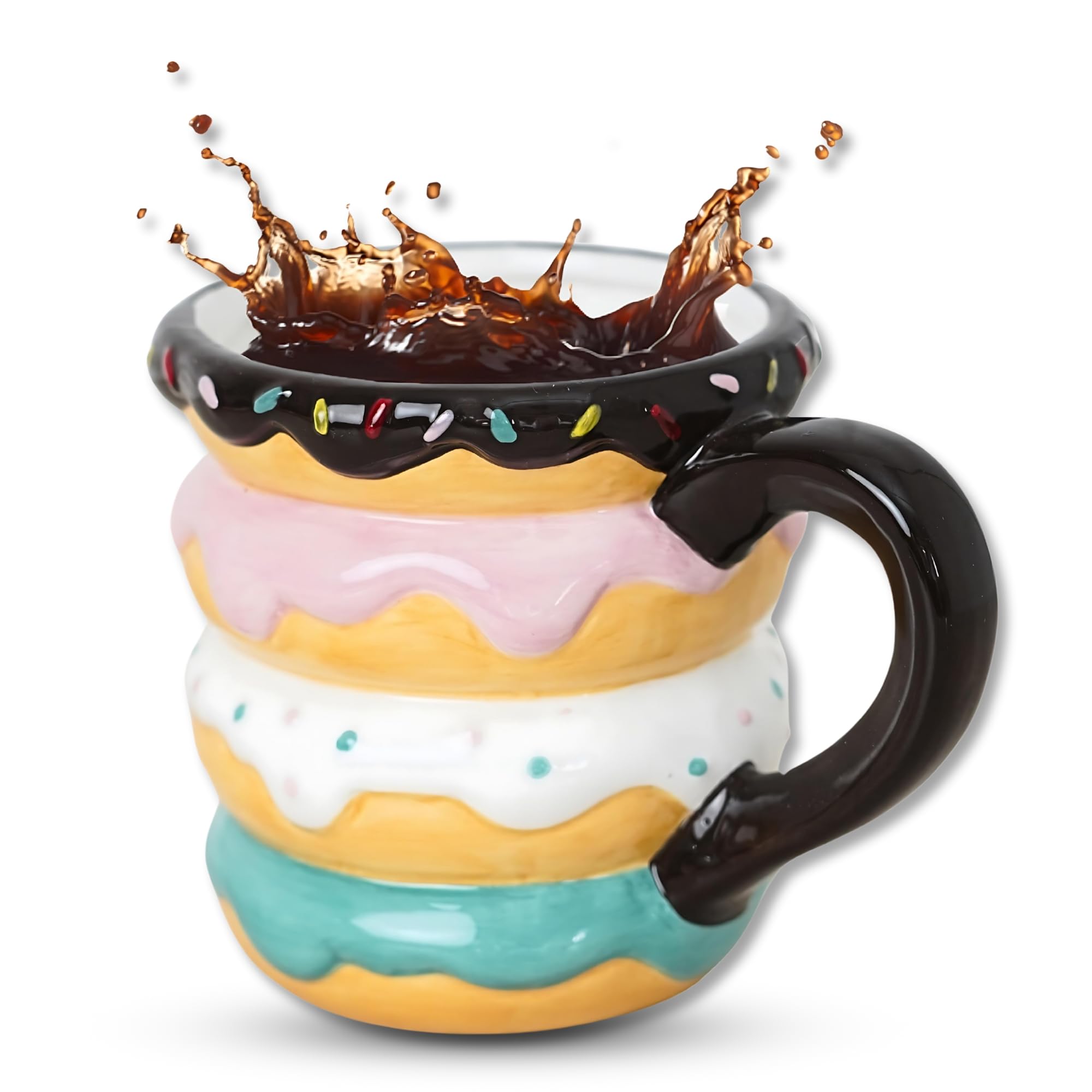 Photo 1 of Colorful Donut Mug Cup in Stacked 3D Ceramic Doughnut Design - Unique Coffee Mugs & Donut Gifts for Women - Cute & Fun Mugs for Kids, Home or Office - Novelty Decor Coffee Mug Gifts for Girls (18 oz)