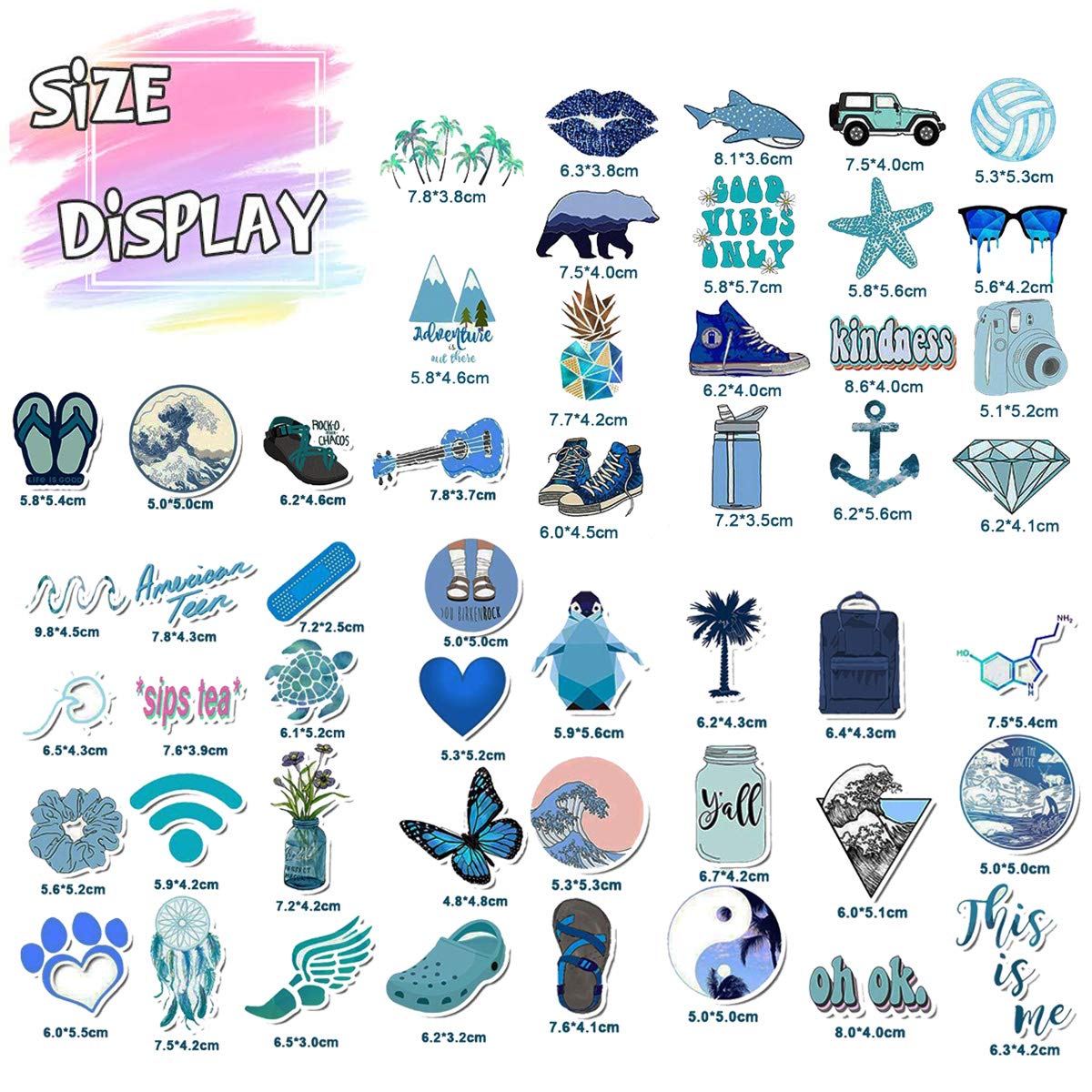 Trendy VSCO Vinyl Stickers for Laptop Water Bottles (50-Pack) Cute Aesthetic Waterproof Stickers for Hydro Flask Phone Skateboard Guitar, Suitable for Girls, Kids, Teens, Adults (Blue Series)