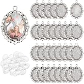 PH PandaHall 60pcs Bezel Pendant Blanks Settings - 30pcs Oval Pendant Trays Photo Charms with 30pcs Glass Cabochons for Wedding Brides Bridal Bouquet Charm Necklace Jewelry Making, 25x18mm