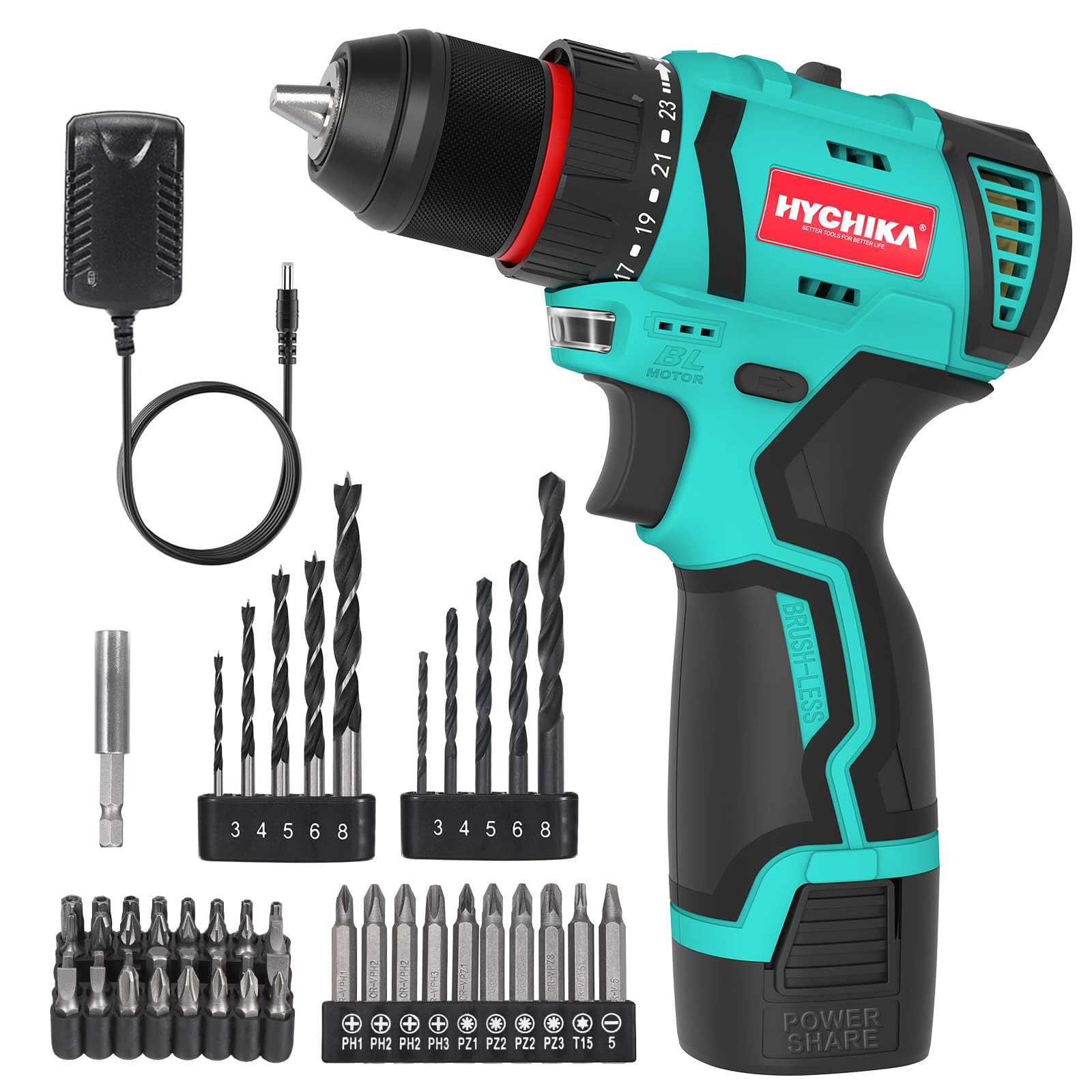 HYCHIKA Electric Cordless Drill 16.8V with 1.5Ah Battery, 45N·m and 23+1 Torque Setting, 10mm Keyless Chuck, 2 Variable Speed, 53PCS Accessories.