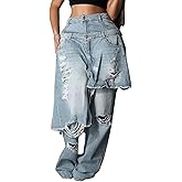 DINGANG Women's Ripped Jeans Baggy Distressed High Waisted Straight Wide Leg Asymmetrical Patchwork Denim Pants
