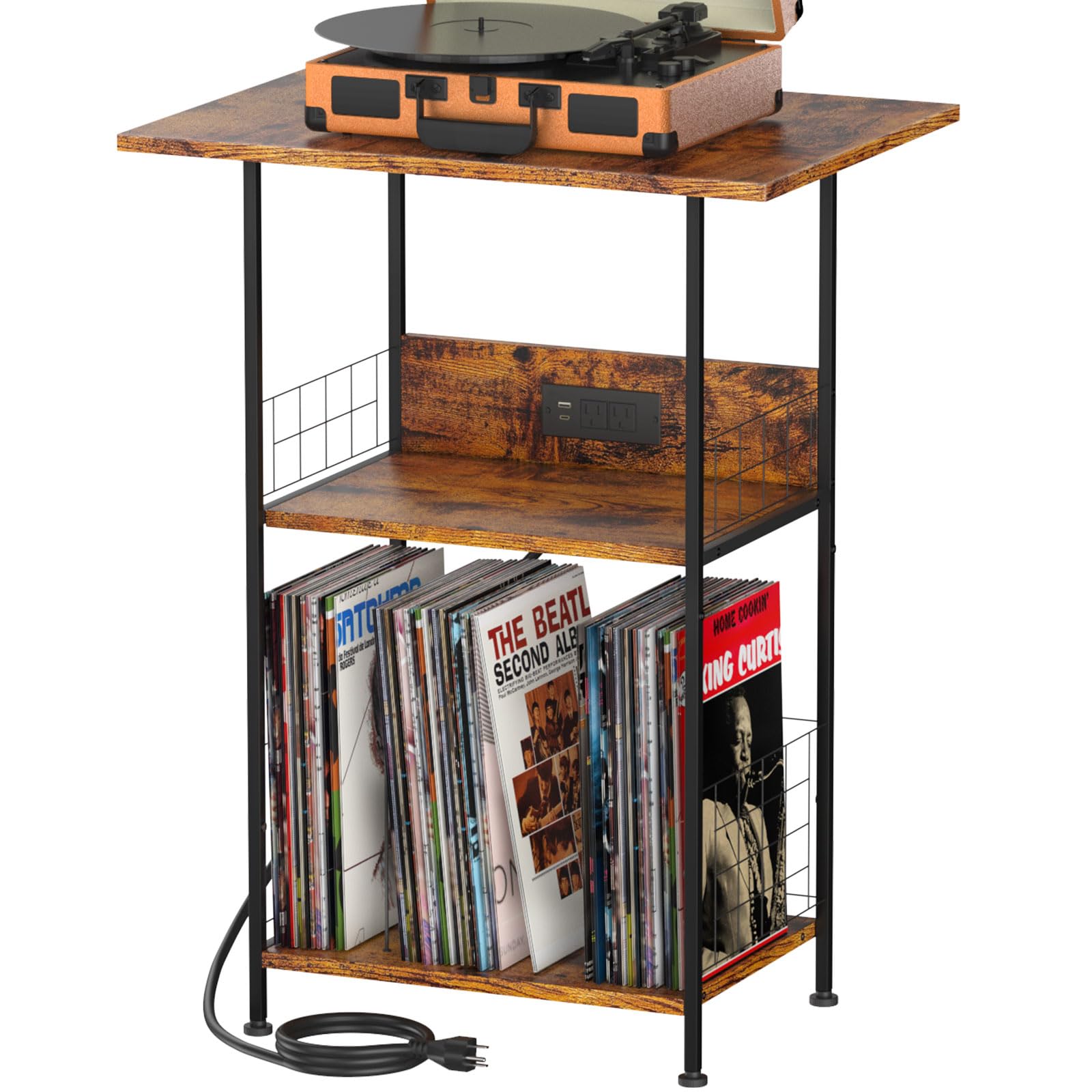 Photo 1 of PLOOHT Large Record Player Stand Up to 200 Albums, Vinyl Stand End Table Storage Rack with Charging Station - Turntable Stand 3-Tier Record Player Table for Living Room Bedroom (Rustic Brown)