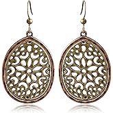 unixmoment Bohemian Vintage Copper Hollow Teardrop Flower Dangle Drop Earrings Handmade Retro Oval Geometry Hook Earrings for Women