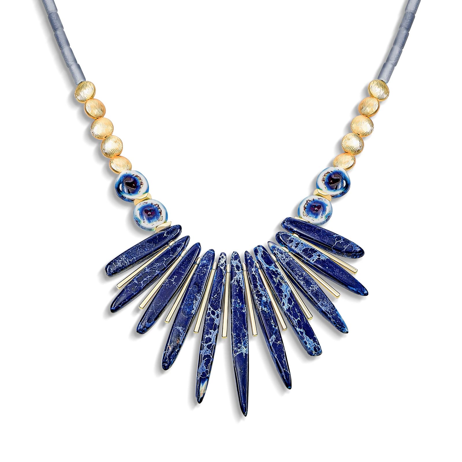 Tribal Compress Navy Lapis Lazuli Spike Gemstone Irregular Beads Stone Fan Statement Collar Choker Bib Necklaces Western Jewelry For Women Teens Gold Plated Bead & Clasp Adjustable