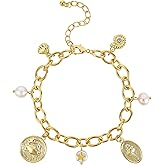 NEKOL Gold Ocean Charm Link Bracelet for Women 14K Gold Plated Chain Bracelet with Dangle Pearl Seashell Conch Crab Pendant Bracelet Adjustable Party Trendy Summer Beach Jewelry Gift for Women